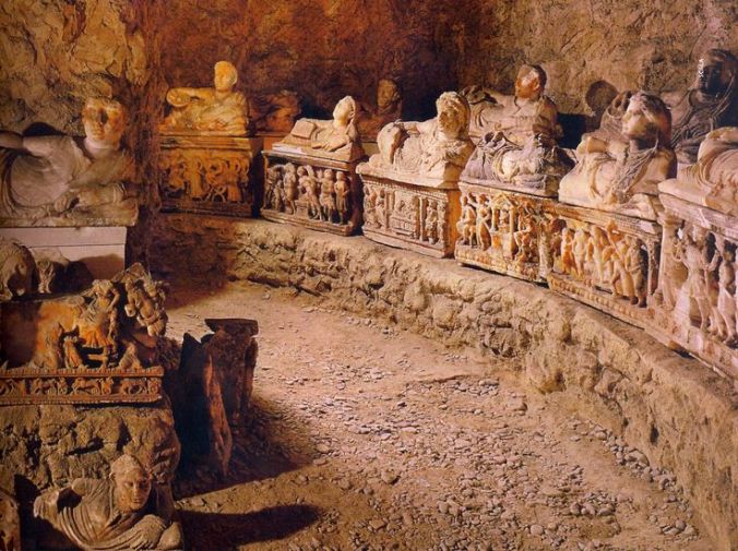 An Etruscan tomb belonging to a large family. Make a note, I will expect nothing less from my own funerary arrangement.  Iamge from Pinterest: http://www.pinterest.com/pin/105623553736575352/